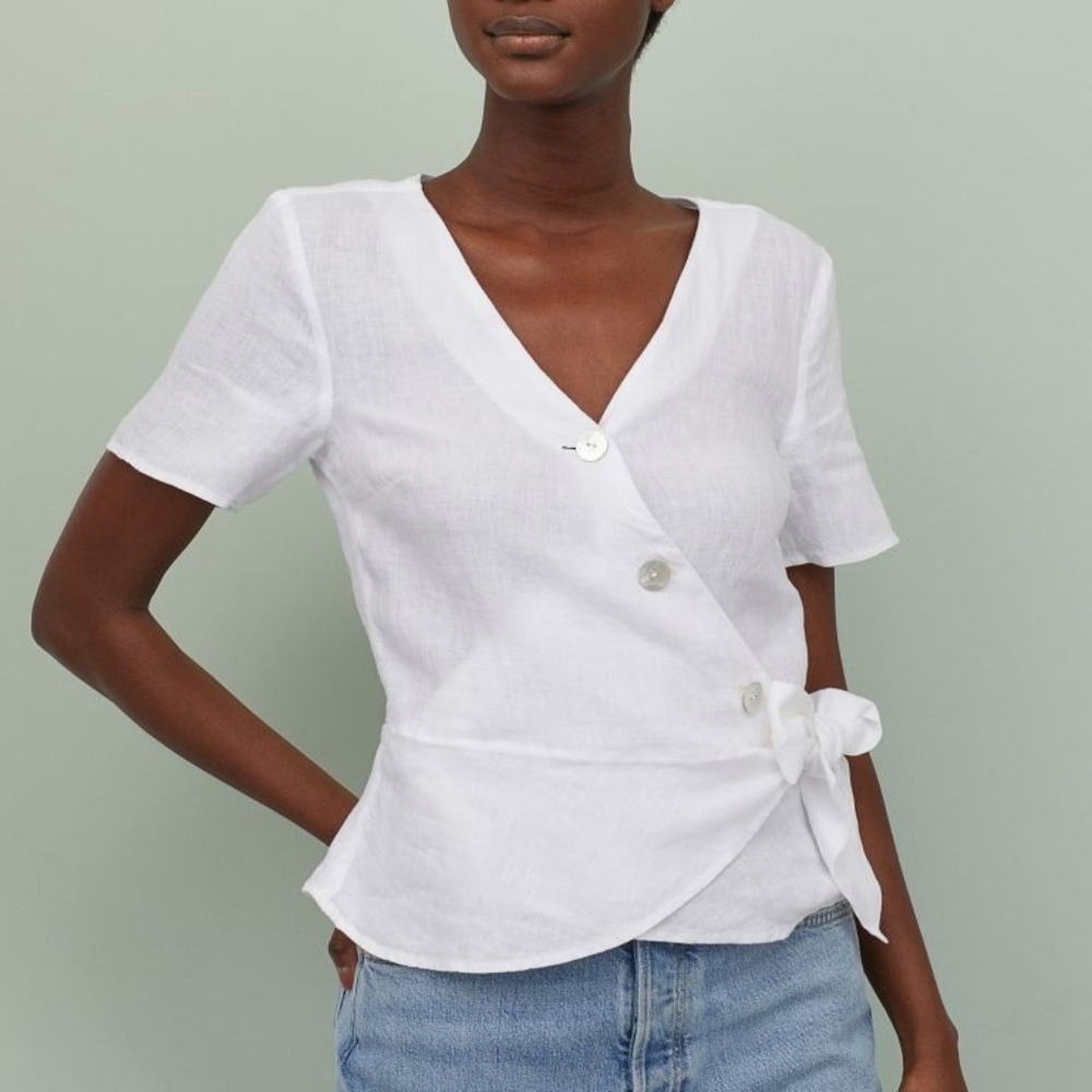 H&M Womens 6 White Linen Wrap Button Top